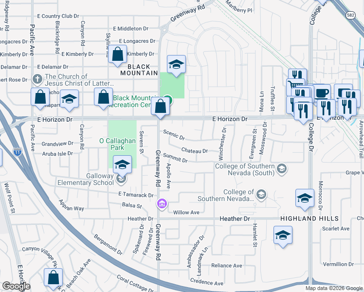 map of restaurants, bars, coffee shops, grocery stores, and more near 415 Chateau Drive in Henderson