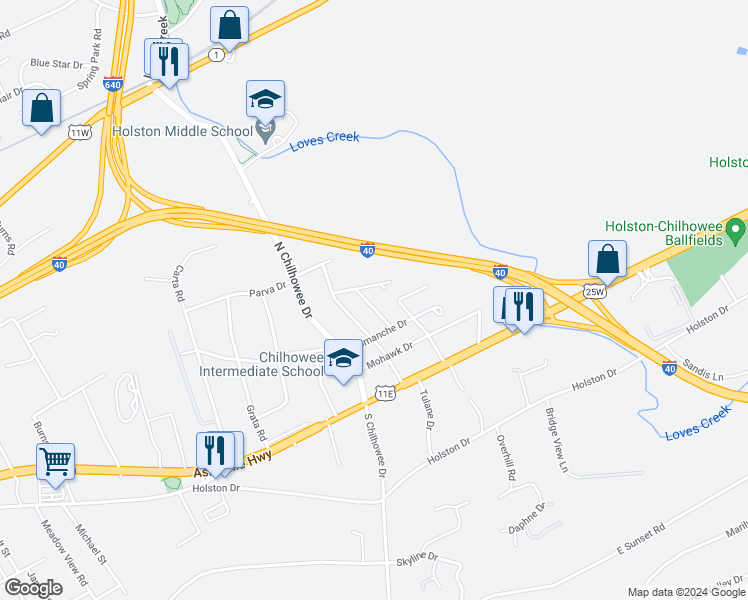 map of restaurants, bars, coffee shops, grocery stores, and more near 410 Seneca Drive in Knoxville