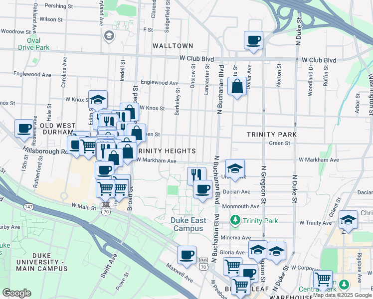 map of restaurants, bars, coffee shops, grocery stores, and more near 821 Onslow Street in Durham
