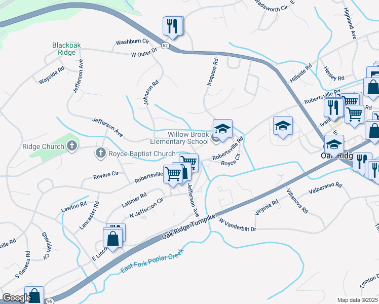 map of restaurants, bars, coffee shops, grocery stores, and more near 215 Jefferson Avenue in Oak Ridge