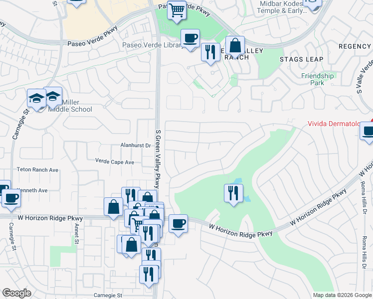 map of restaurants, bars, coffee shops, grocery stores, and more near 2166 Picture Rock Avenue in Henderson