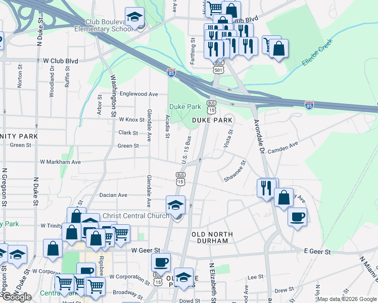 map of restaurants, bars, coffee shops, grocery stores, and more near 1412 North Mangum Street in Durham