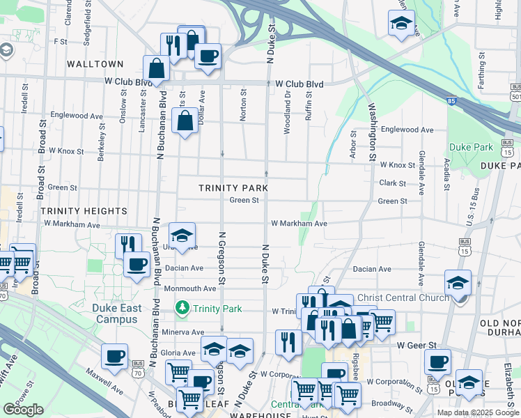 map of restaurants, bars, coffee shops, grocery stores, and more near 1107 North Duke Street in Durham