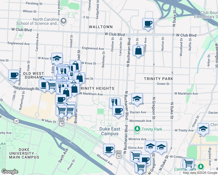 map of restaurants, bars, coffee shops, grocery stores, and more near 821 Onslow Street in Durham