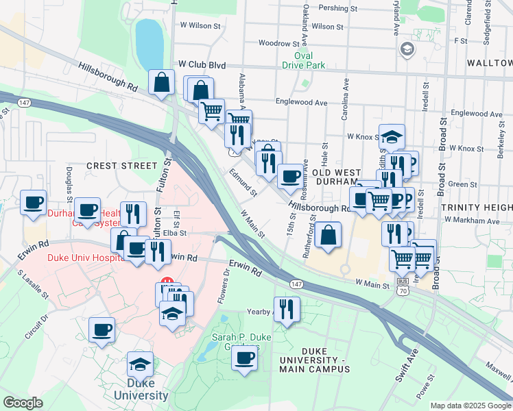 map of restaurants, bars, coffee shops, grocery stores, and more near 2716 West Main Street in Durham