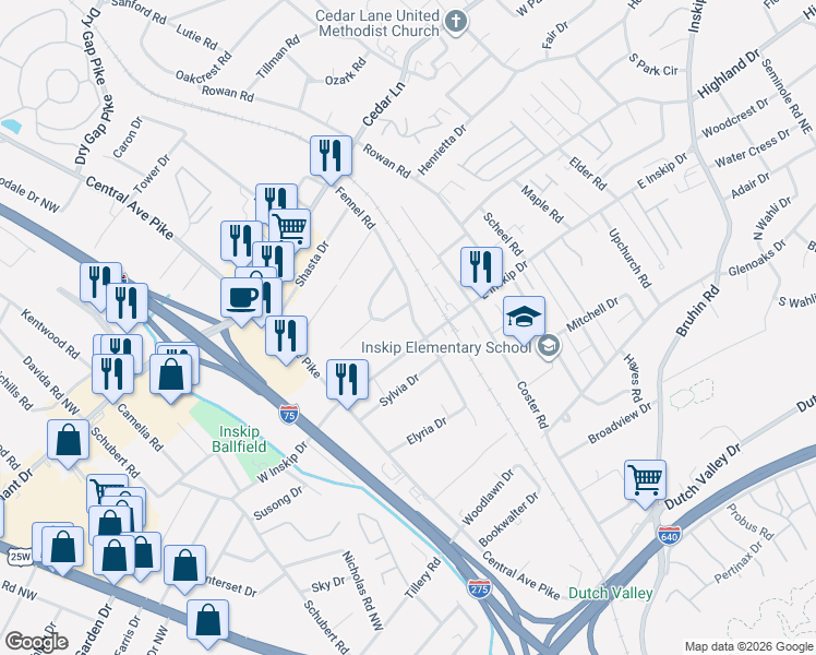 map of restaurants, bars, coffee shops, grocery stores, and more near 123 East Inskip Drive in Knoxville