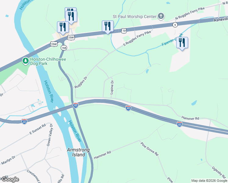 map of restaurants, bars, coffee shops, grocery stores, and more near 416 Lupine Drive in Knoxville