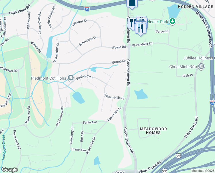 map of restaurants, bars, coffee shops, grocery stores, and more near 4113 Suffolk Trail in Greensboro