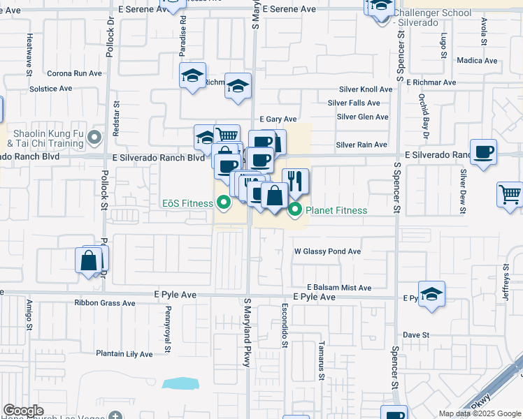 map of restaurants, bars, coffee shops, grocery stores, and more near 9876 South Maryland Parkway in Las Vegas