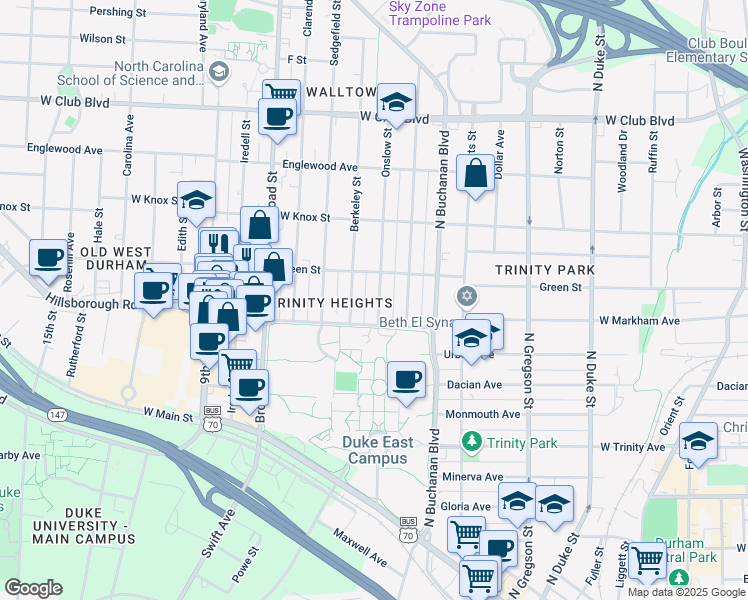 map of restaurants, bars, coffee shops, grocery stores, and more near 821 Onslow Street in Durham