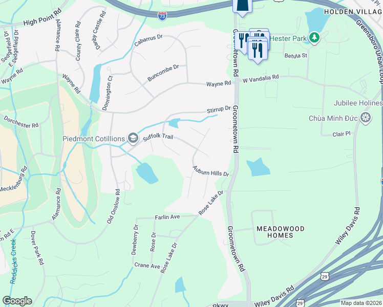 map of restaurants, bars, coffee shops, grocery stores, and more near 4113 Suffolk Trail in Greensboro