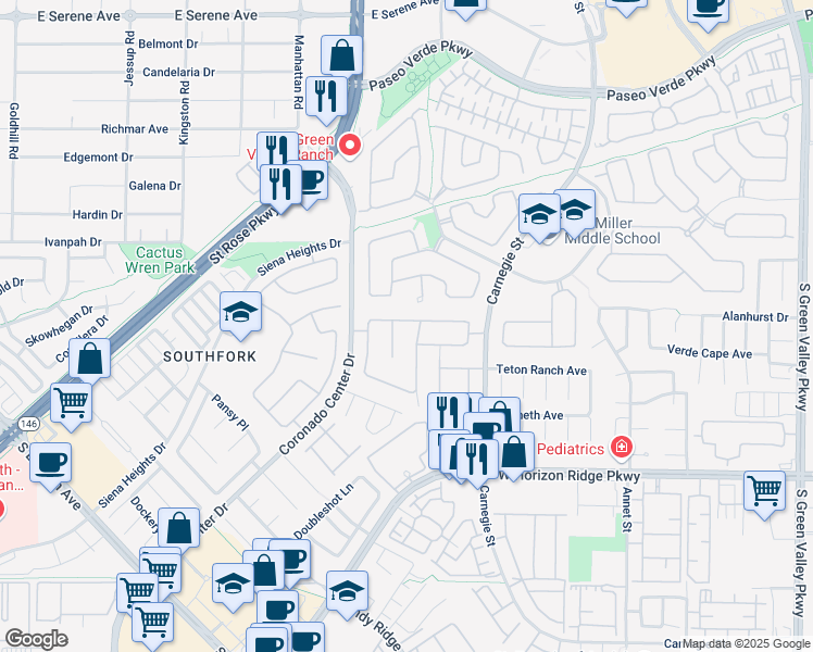 map of restaurants, bars, coffee shops, grocery stores, and more near 2539 Antique Blossom Avenue in Henderson