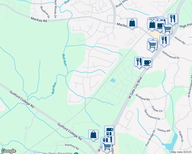 map of restaurants, bars, coffee shops, grocery stores, and more near 5509 Wellsley Dr E in Greensboro