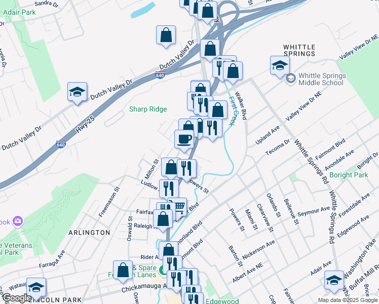 map of restaurants, bars, coffee shops, grocery stores, and more near 4207 Tennessee 33 in Knoxville