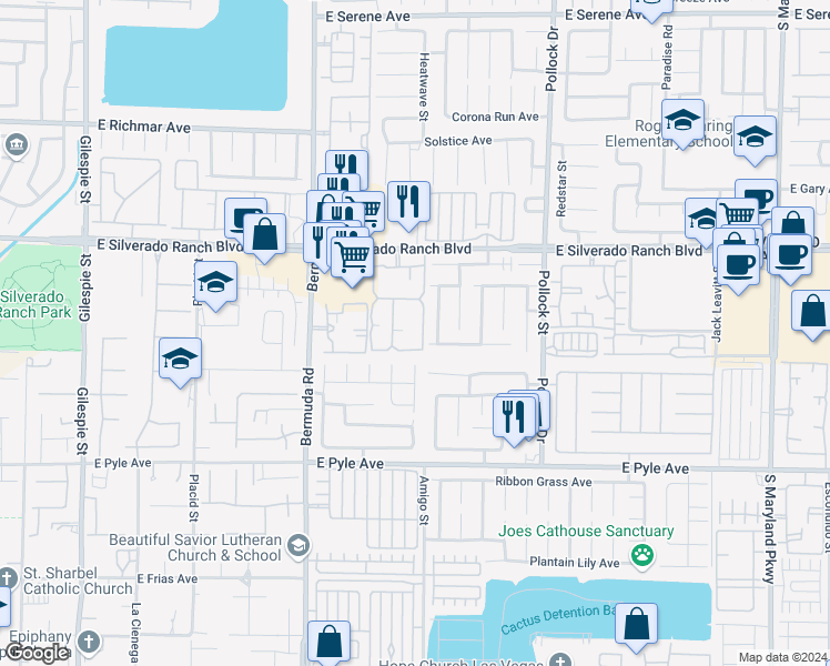 map of restaurants, bars, coffee shops, grocery stores, and more near 555 East Silverado Ranch Boulevard in Las Vegas