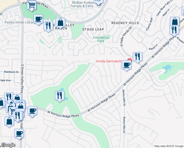 map of restaurants, bars, coffee shops, grocery stores, and more near 460 Edgefield Ridge Place in Henderson