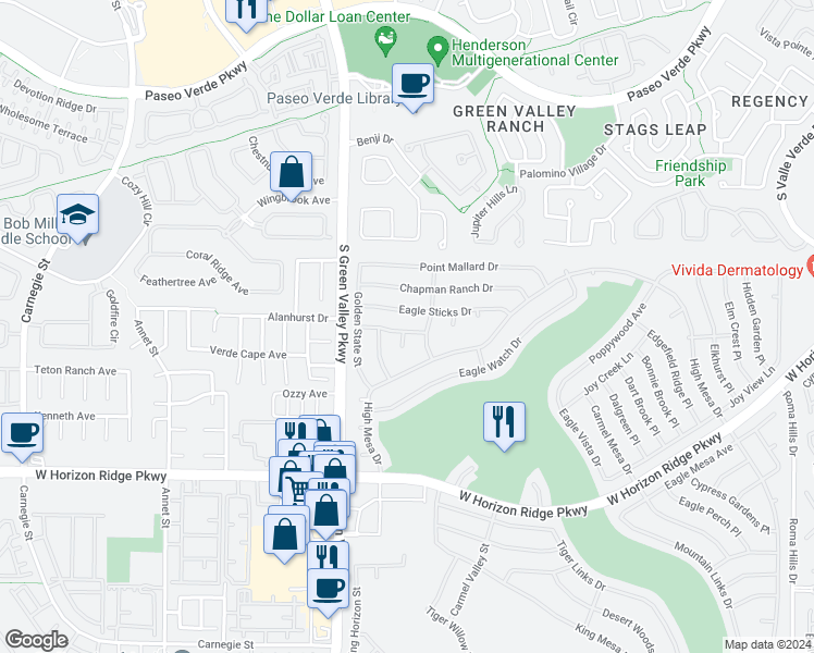 map of restaurants, bars, coffee shops, grocery stores, and more near 2172 Picture Rock Avenue in Henderson