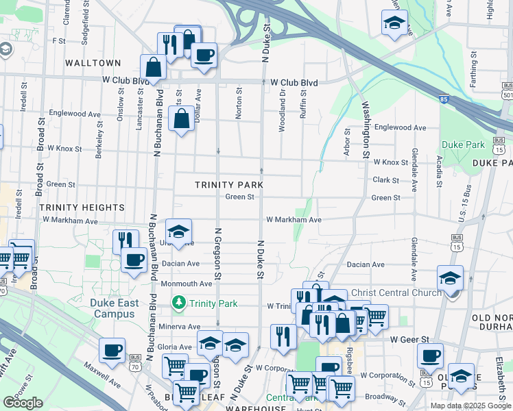 map of restaurants, bars, coffee shops, grocery stores, and more near 1107 North Duke Street in Durham