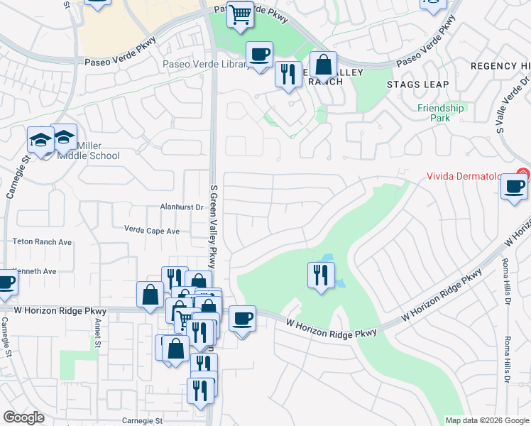 map of restaurants, bars, coffee shops, grocery stores, and more near 2164 Picture Rock Avenue in Henderson