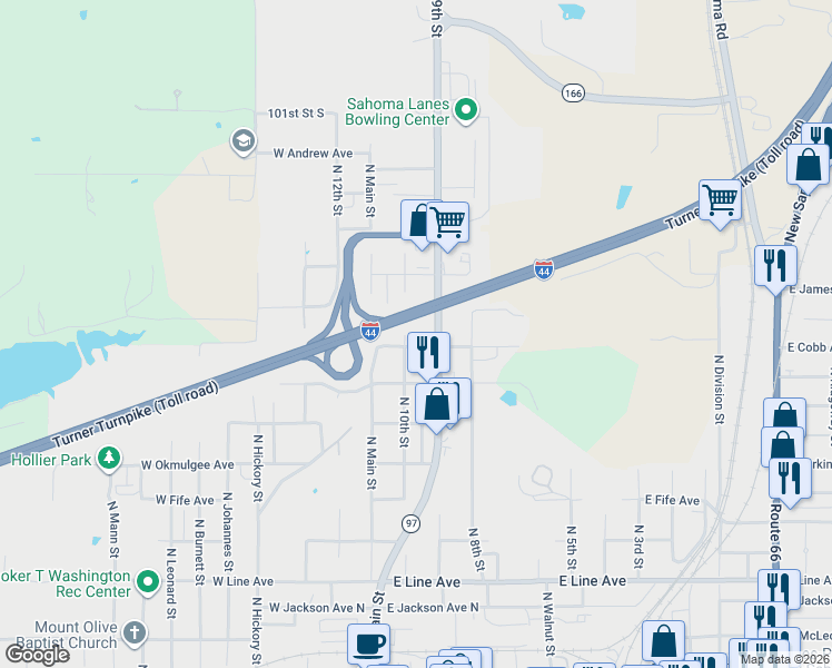 map of restaurants, bars, coffee shops, grocery stores, and more near 1005 North 10th Street in Sapulpa