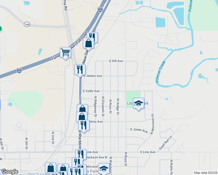 map of restaurants, bars, coffee shops, grocery stores, and more near 808 North Ross Street in Sapulpa