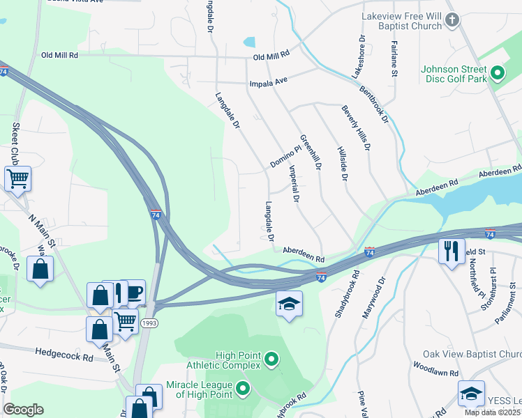 map of restaurants, bars, coffee shops, grocery stores, and more near 3415 Langdale Drive in High Point