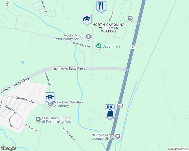 map of restaurants, bars, coffee shops, grocery stores, and more near 105 Killian Court in Rocky Mount