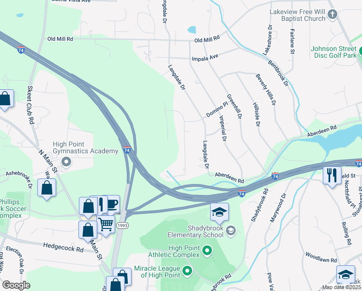map of restaurants, bars, coffee shops, grocery stores, and more near 3411 Corvair Drive in High Point