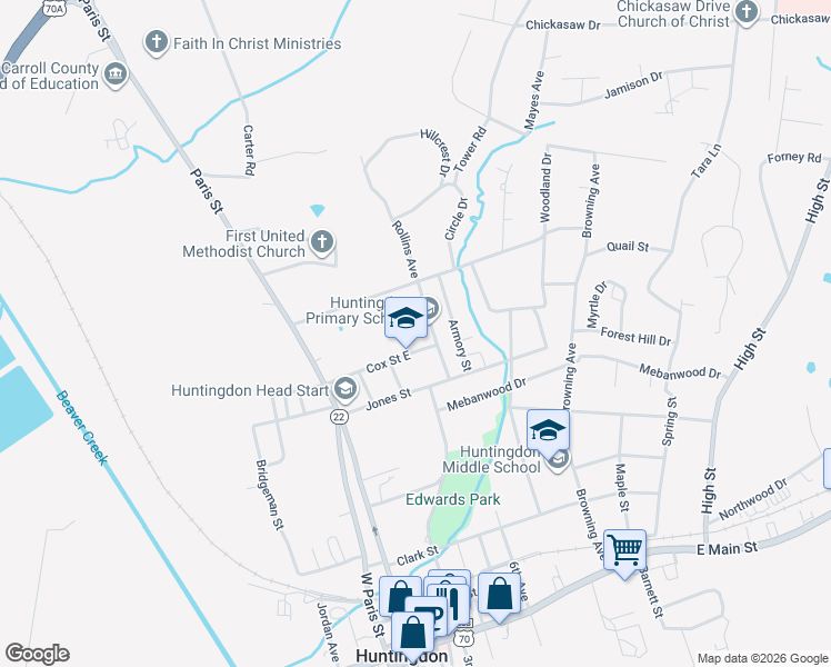 map of restaurants, bars, coffee shops, grocery stores, and more near 191 Cox Street East in Huntingdon