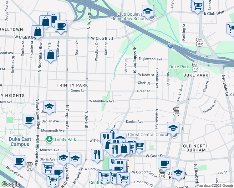 map of restaurants, bars, coffee shops, grocery stores, and more near 620 Pamlico Street in Durham