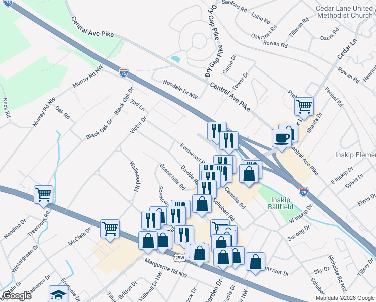 map of restaurants, bars, coffee shops, grocery stores, and more near 5633 Kentwood Road in Knoxville