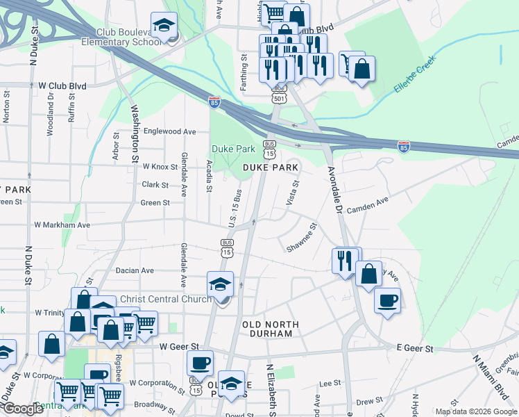 map of restaurants, bars, coffee shops, grocery stores, and more near 1602 North Roxboro Street in Durham