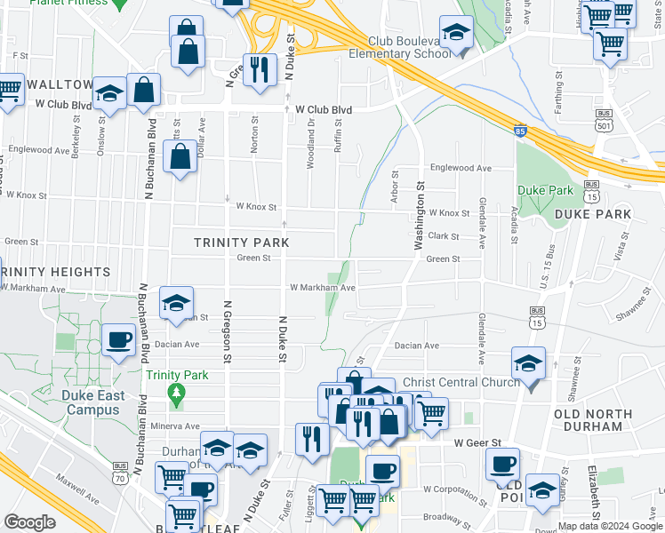 map of restaurants, bars, coffee shops, grocery stores, and more near 800 West Markham Avenue in Durham