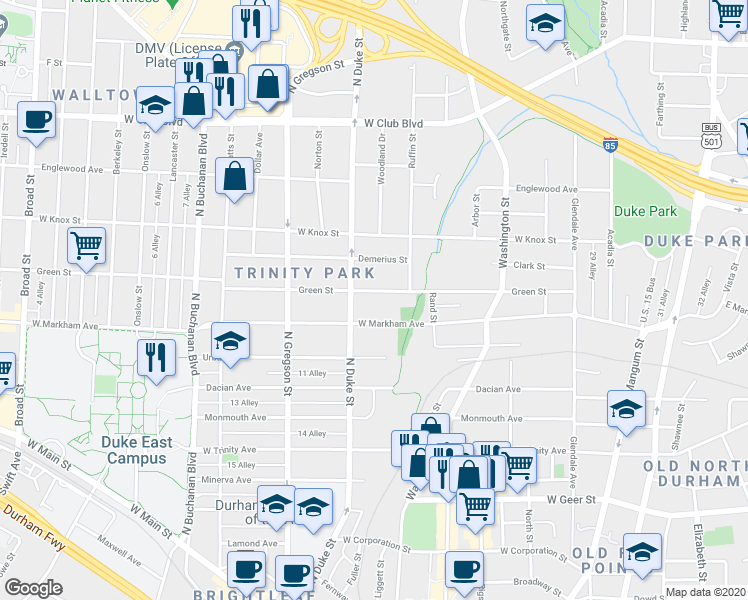 map of restaurants, bars, coffee shops, grocery stores, and more near 817 Green Street in Durham