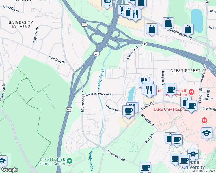 map of restaurants, bars, coffee shops, grocery stores, and more near 2724 Campus Walk Avenue in Durham