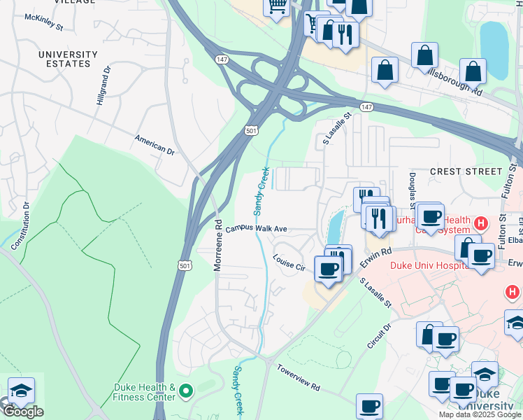 map of restaurants, bars, coffee shops, grocery stores, and more near 2742 Campus Walk Avenue in Durham