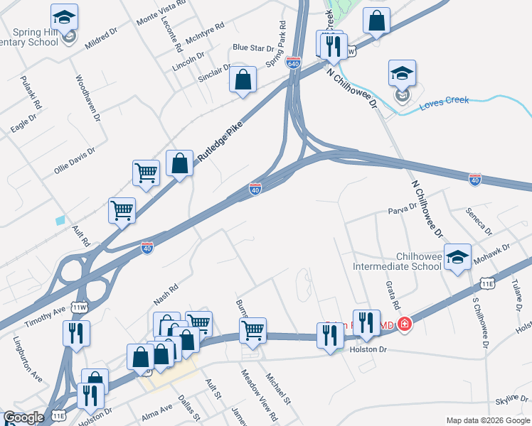 map of restaurants, bars, coffee shops, grocery stores, and more near 520 Burns Road in Knoxville
