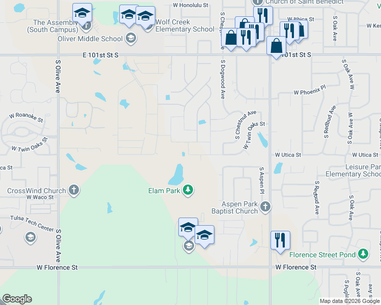 map of restaurants, bars, coffee shops, grocery stores, and more near 2501 West Twin Oaks Street in Broken Arrow