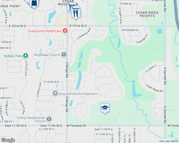 map of restaurants, bars, coffee shops, grocery stores, and more near 6004 West Twin Oaks Street in Broken Arrow