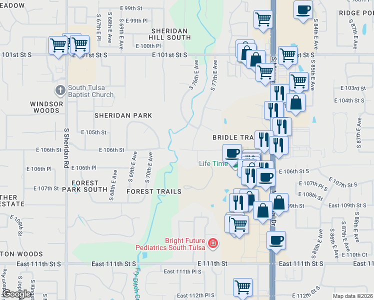 map of restaurants, bars, coffee shops, grocery stores, and more near 7550 East 106th Street South in Tulsa