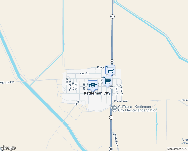 map of restaurants, bars, coffee shops, grocery stores, and more near 529-699 Milham Ave in Kettleman City