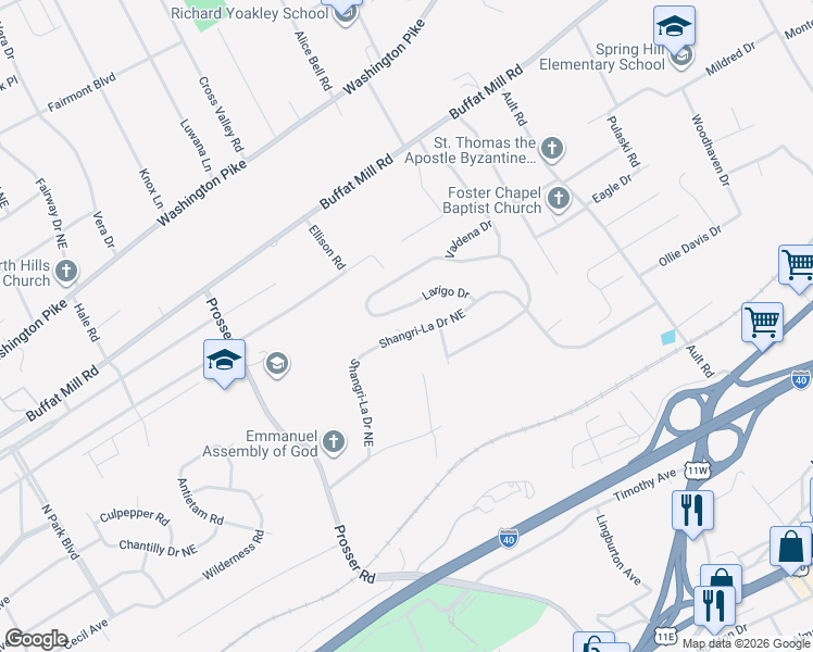 map of restaurants, bars, coffee shops, grocery stores, and more near 4119 Shangri-La Drive Northeast in Knoxville