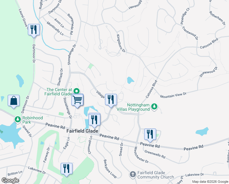 map of restaurants, bars, coffee shops, grocery stores, and more near 15 Augustine Lane in Crossville