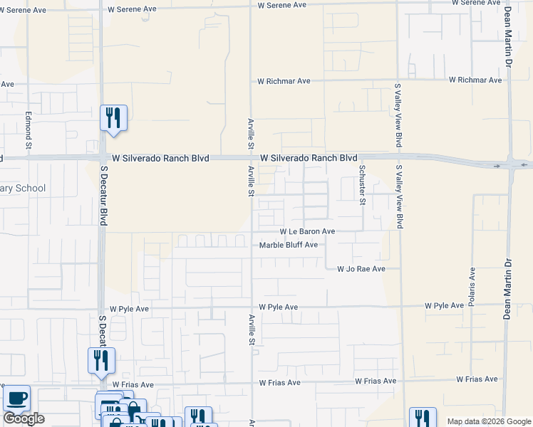 map of restaurants, bars, coffee shops, grocery stores, and more near Arville Street in Las Vegas