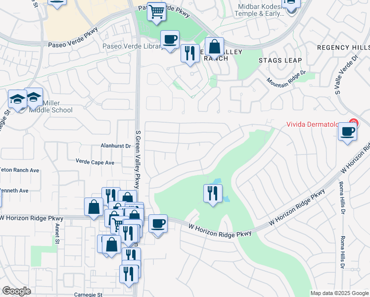 map of restaurants, bars, coffee shops, grocery stores, and more near 433 Piute Valley Court in Henderson