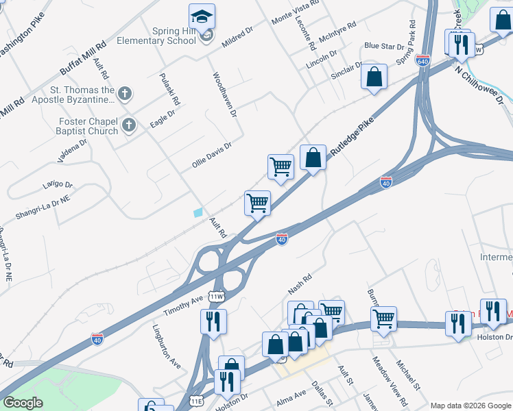 map of restaurants, bars, coffee shops, grocery stores, and more near 4539 Rutledge Pike in Knoxville