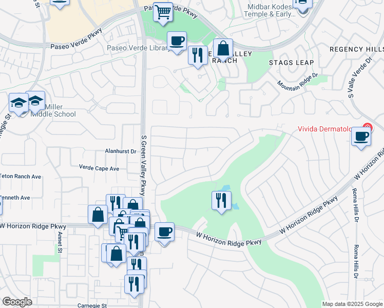 map of restaurants, bars, coffee shops, grocery stores, and more near 433 Piute Valley Court in Henderson