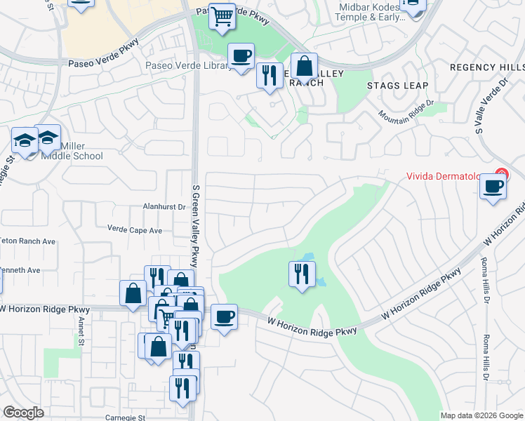 map of restaurants, bars, coffee shops, grocery stores, and more near 434 Piute Valley Court in Henderson