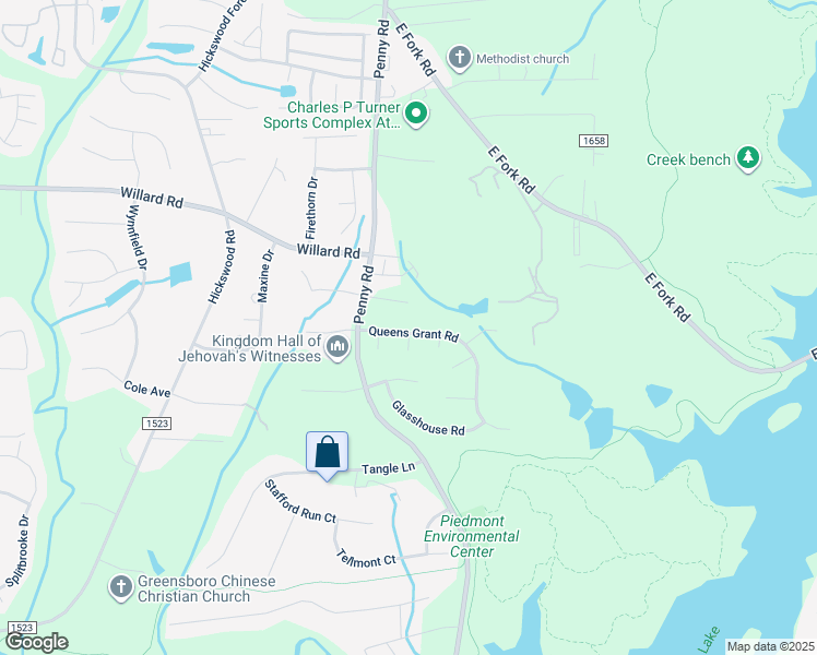 map of restaurants, bars, coffee shops, grocery stores, and more near 4025 Queens Grant Road in Jamestown