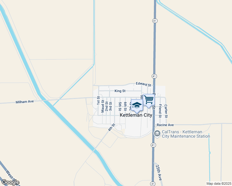map of restaurants, bars, coffee shops, grocery stores, and more near 431 Milham Ave in Kettleman City
